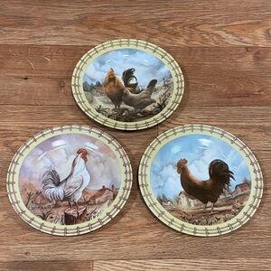 3 Decorative Rooster Hen Plates Fence Border Farm Charm